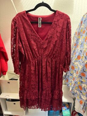 Julian Taylor Burgundy Lace V-Neck Maxi Dress